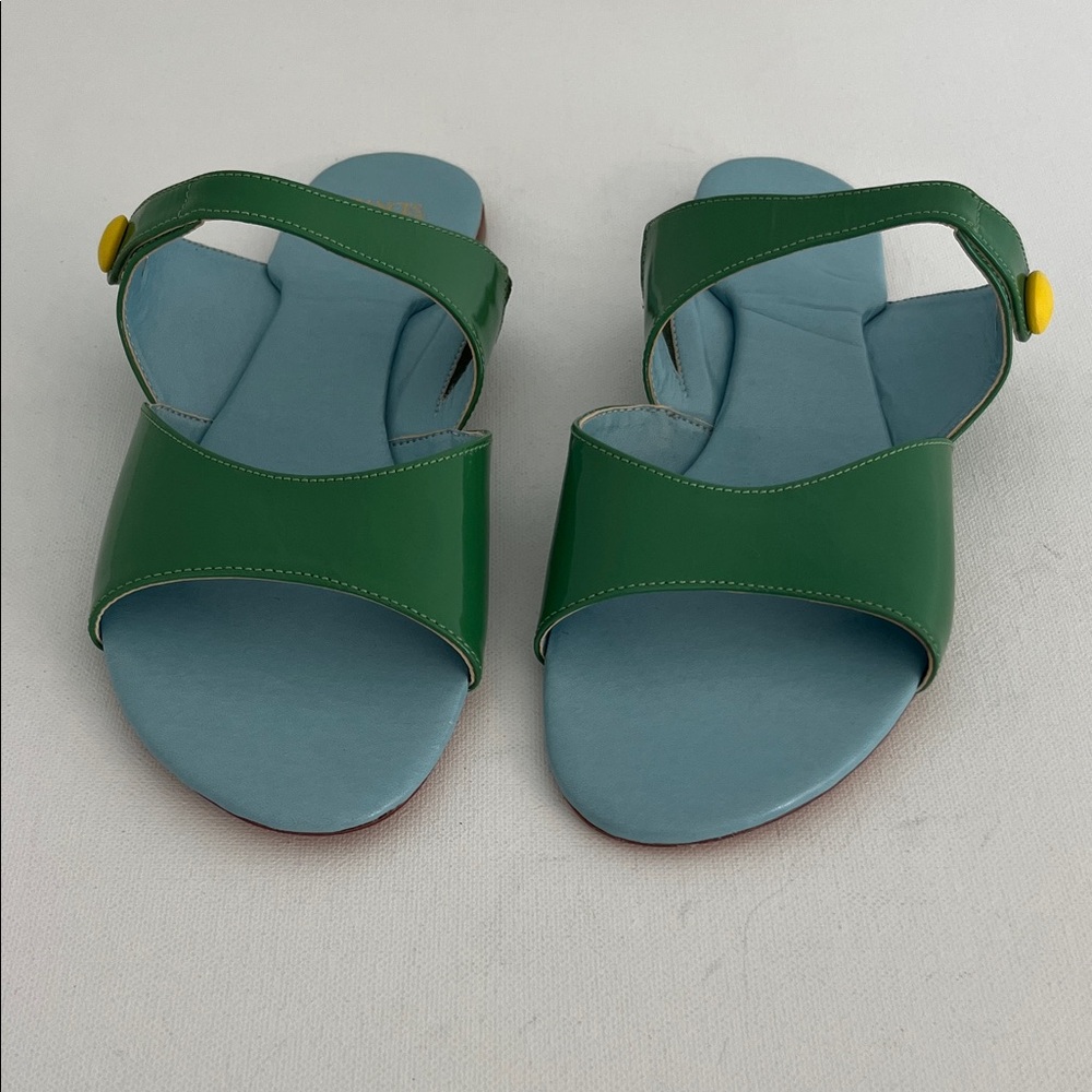 Frances Valentine Molly in  Green Patent Leather and Yellow Button Sandals